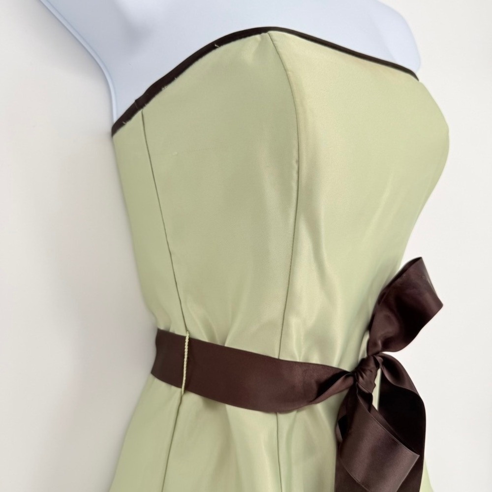 Jessica McClintock Gunne Sax Sage Green Satin Strapless Dress Brown Sash 3 Y2K - Picture 13 of 13